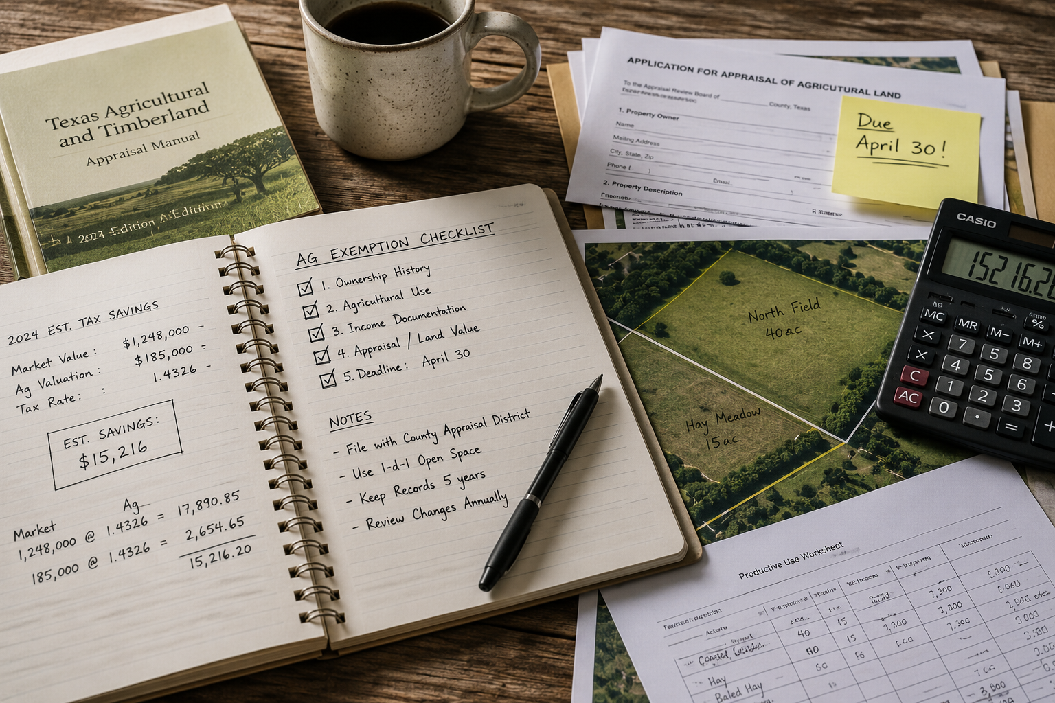 Cover image for Agricultural Tax Exemptions by State showing Documentary editorial image of county property forms, a soil map, assessor handbook pages, and a pen on a wood desk.