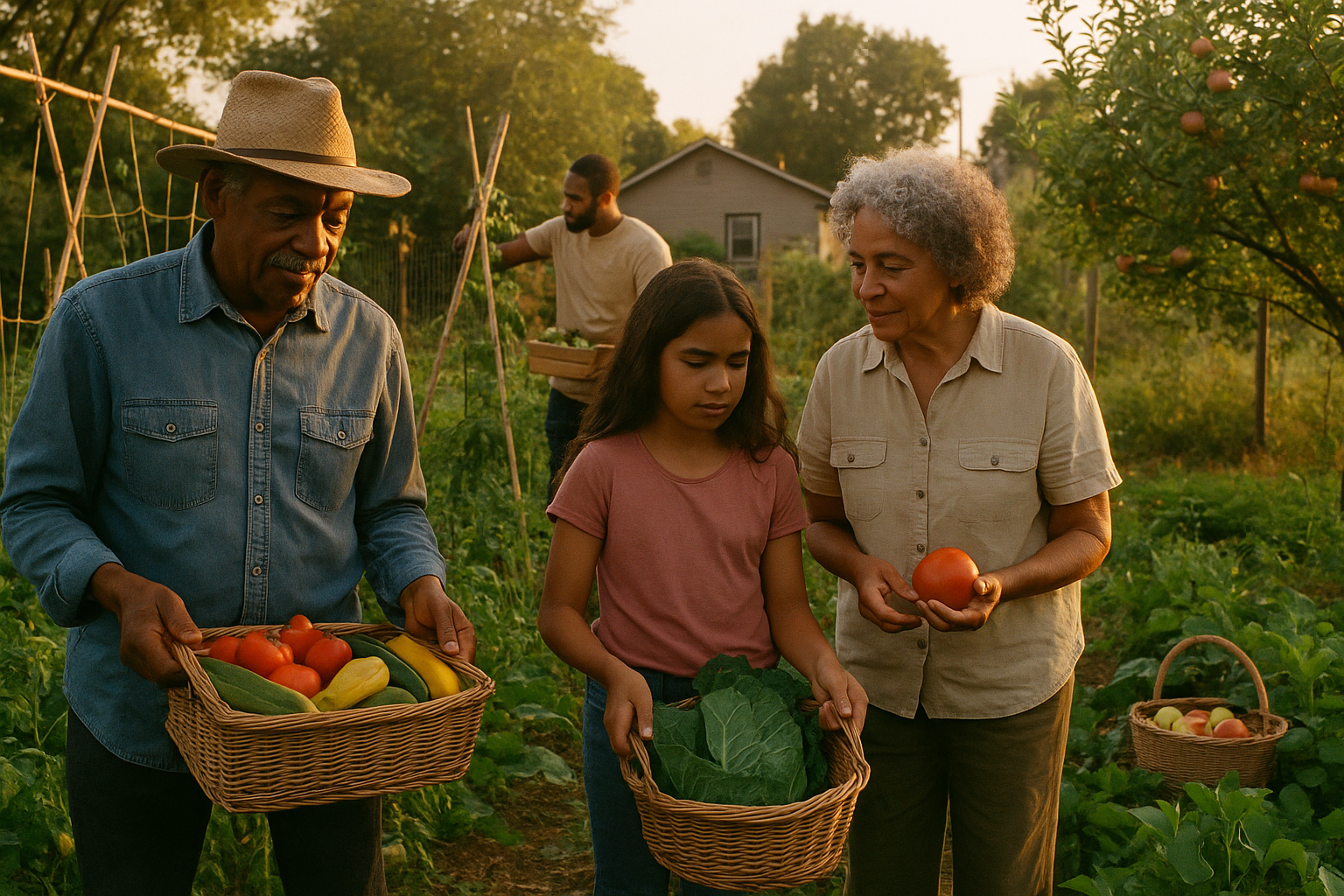 Cover image for How to Grow More of Your Own Food showing a diverse multigenerational family harvesting from a productive backyard and homestead garden at golden hour, mixed vegetables, fruit trees, simple trellises, baskets of food.