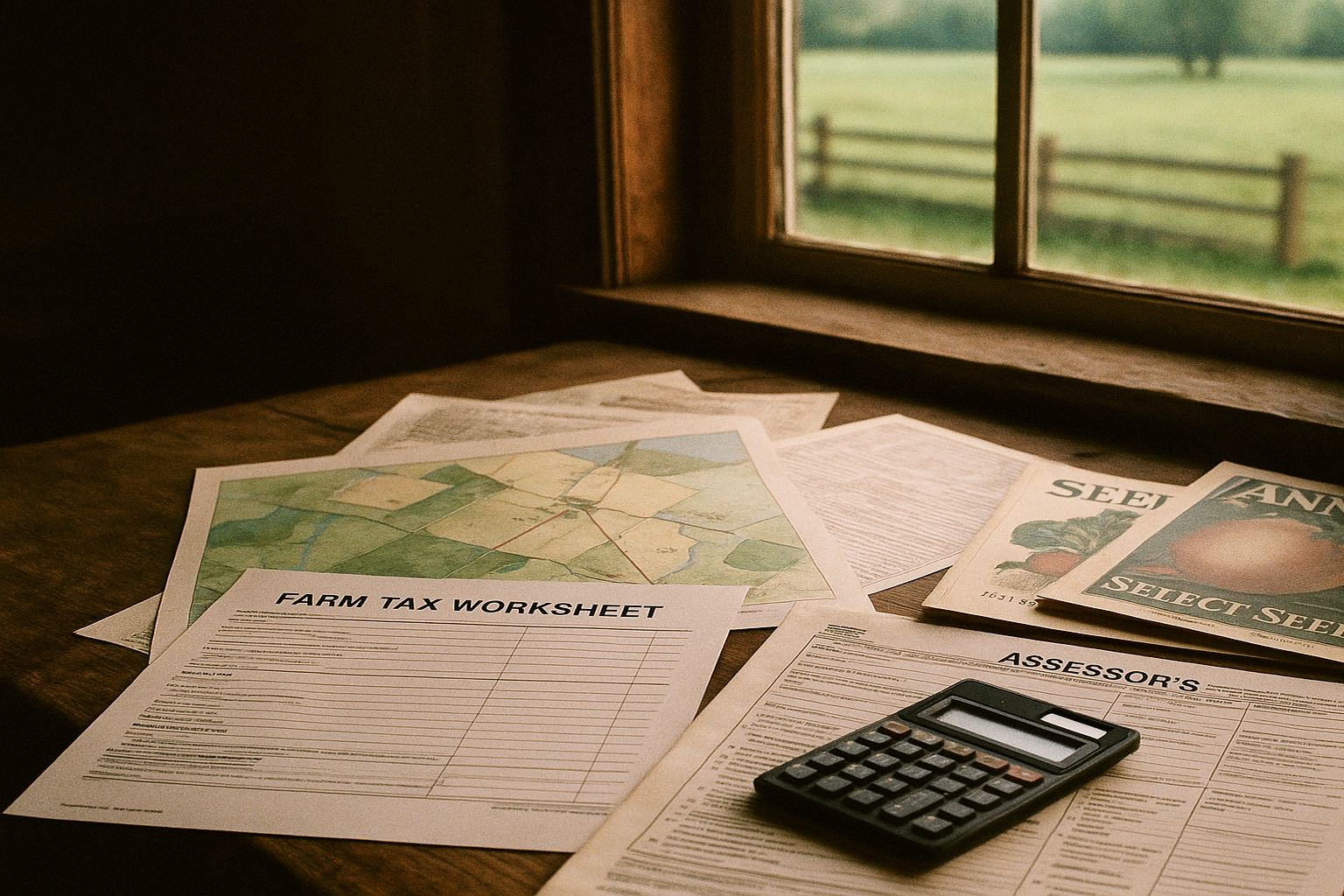 Cover image for How Agricultural Tax Breaks Work showing farm tax paperwork and land maps spread across a rustic desk, calculator, assessor forms, seed catalogs, and a window looking onto pasture, calm practical atmosphere.