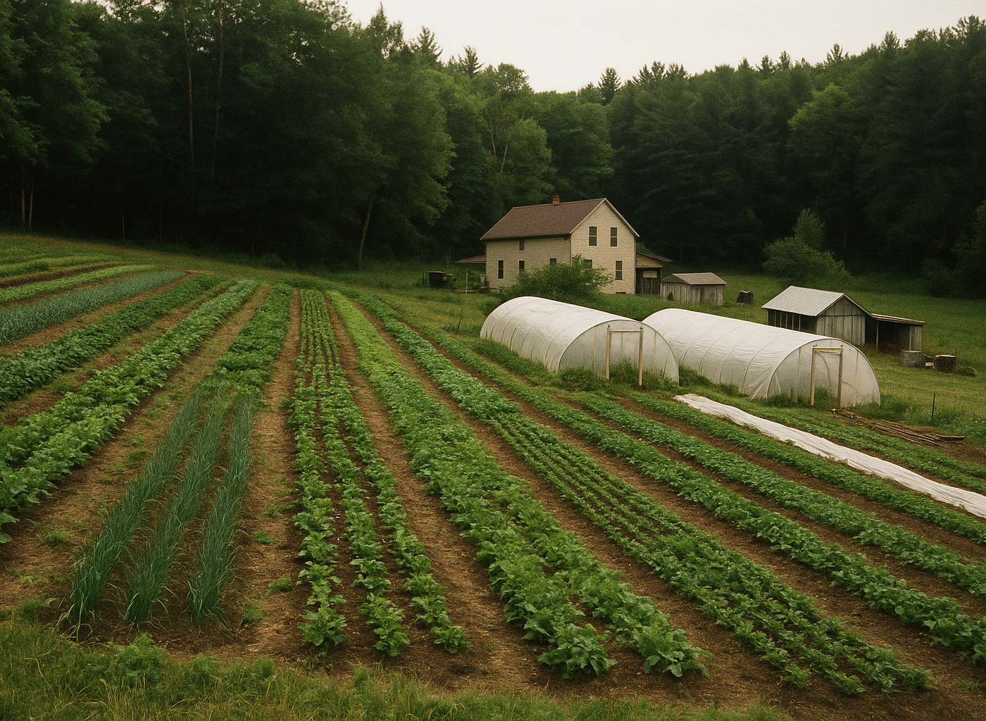 Cover image for How Much Land Do You Need for a Homestead? showing Documentary homestead image of a modest house, fenced garden, greenhouse, and small orchard on rolling usable acreage.