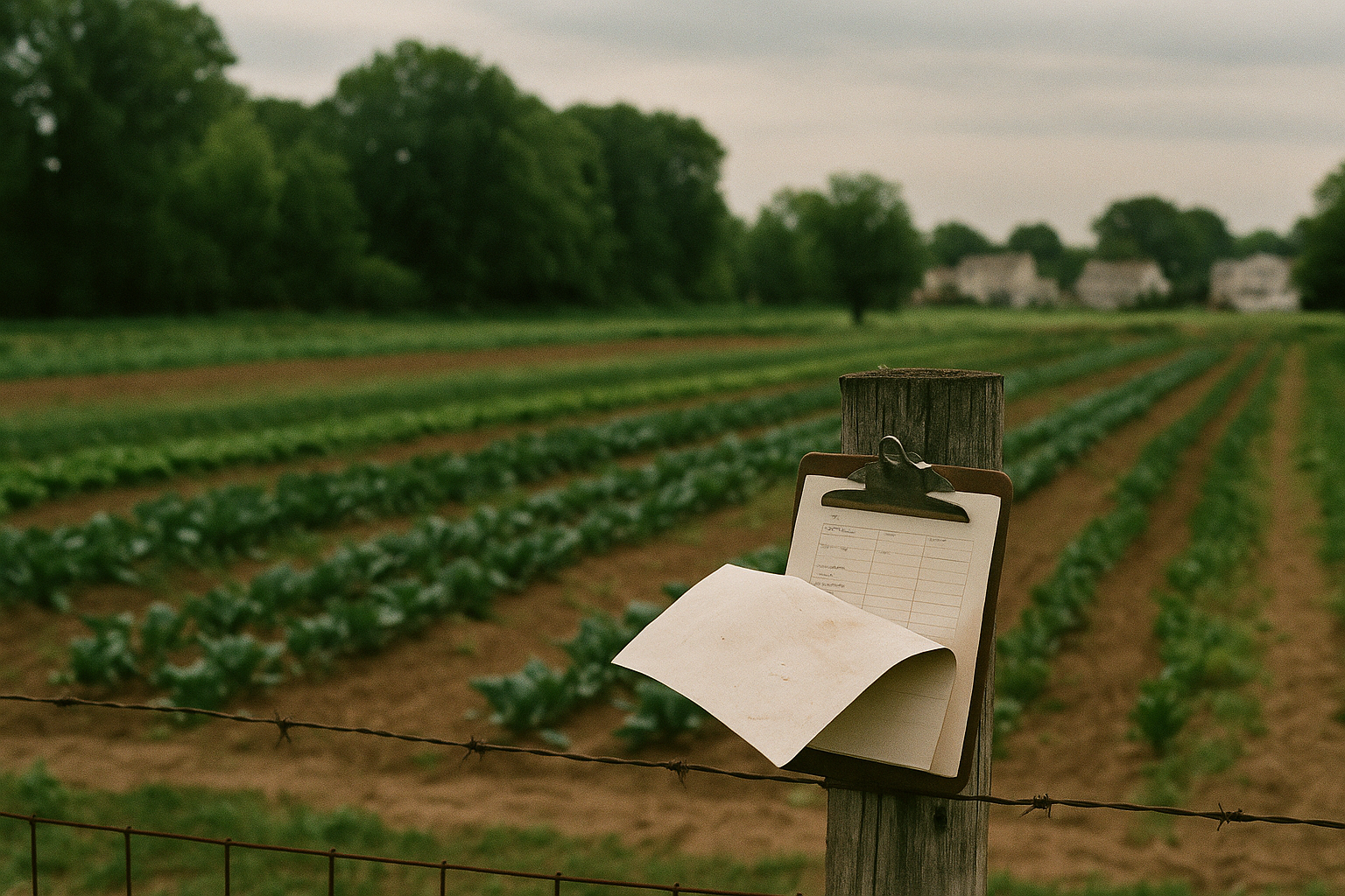 Cover image for How New Jersey's Farmland Assessment Works showing a small New Jersey farm parcel with vegetable rows, tree line, and suburban edge in the distance.