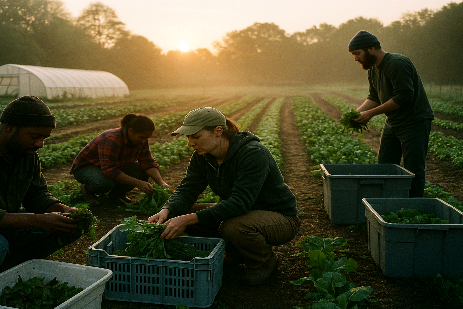 Cover image for How to Start a Market Garden on Small Land showing a diverse small market-garden crew harvesting vegetables on a compact farm at sunrise, neat beds, wash bins, hoop house in background.
