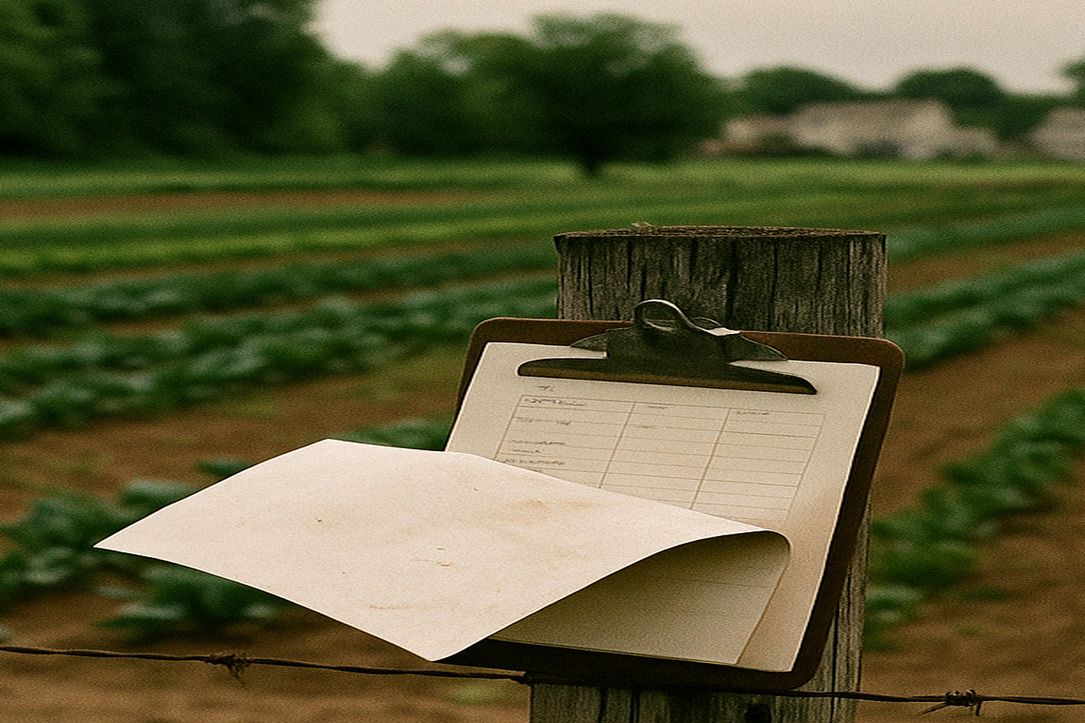 Cover image for What Is Agricultural Classification and Who Qualifies? showing Documentary tax-reference image, farmland valuation papers and county maps on a rustic desk with muted agricultural landscape visible through window.