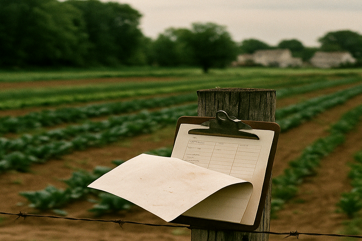 Cover image for What Small Farmers Should Know About Property Taxes in Texas showing Documentary Texas farmland image, clipboard and tax papers resting beside cultivated row field in soft daylight.