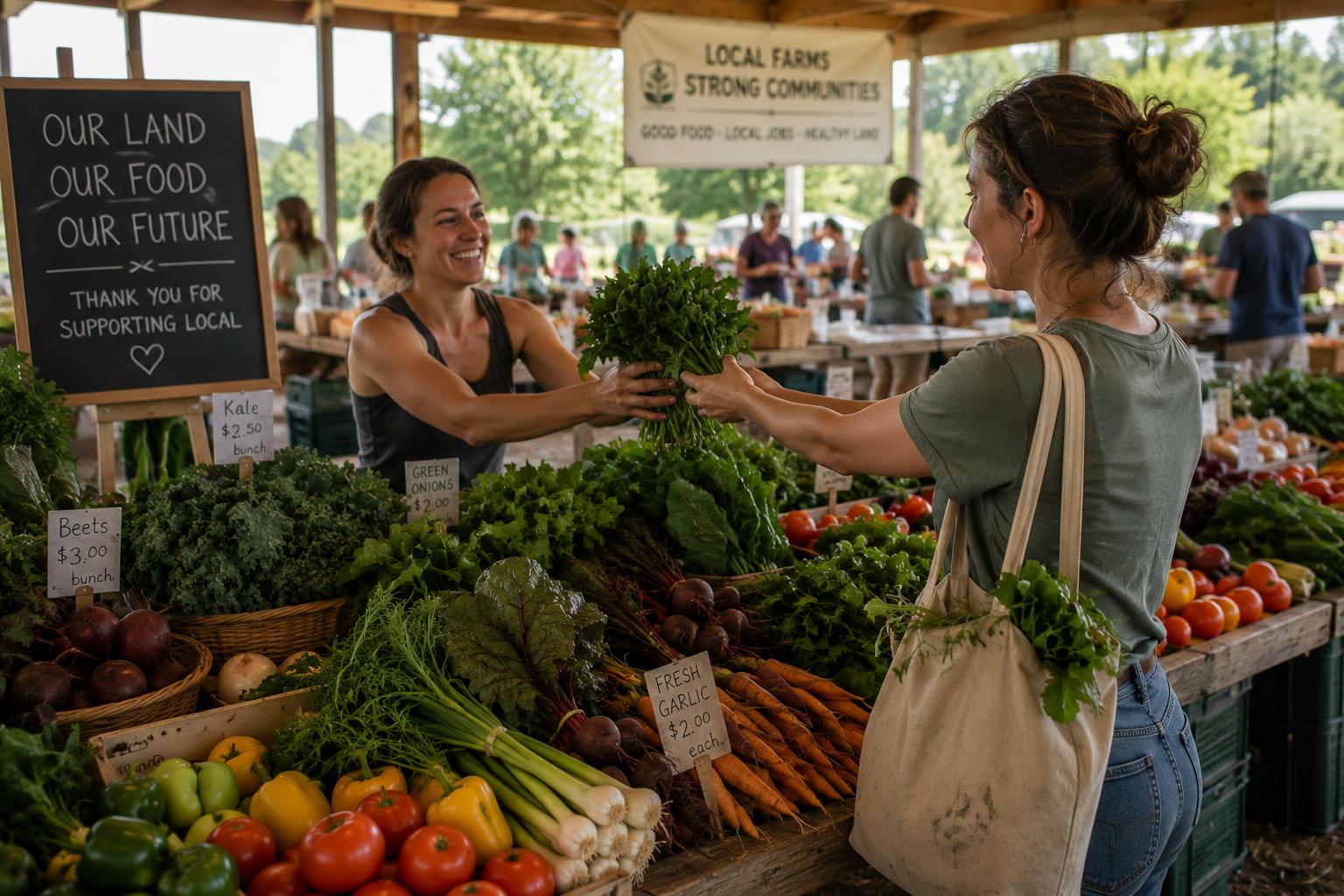 Cover image for Why Local Food Starts With Local Land showing a busy small-town farmers market at golden hour, tables of produce, real farmers and neighbors talking, crates, handwritten signs.