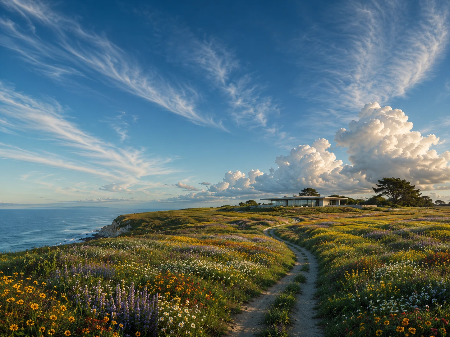 A coastal path crossing open land toward a modern home beneath a wide blue sky